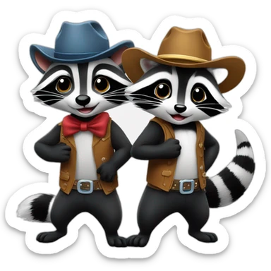 raccoon and skunk line dancing in cowboy hats sticker