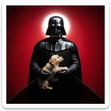 Photo of a darth vader holding puppy golden retriver, low key light, red solid background with leading lines, back light, spot light sticker