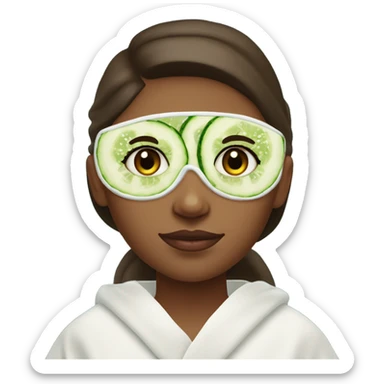 Girl with freackles Brown hair white skin and blue eyes wears Green colored texture skin care mask while She relaxes and puts two round piece of cucumber on her closed eyes In a white Robe sticker