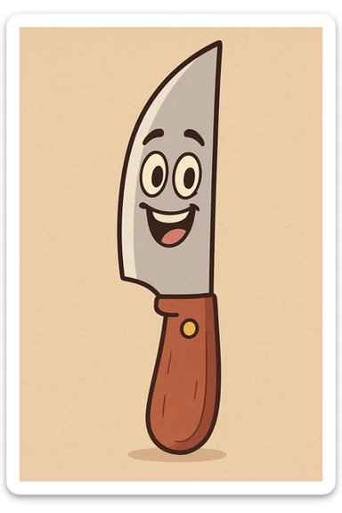 a cartoon-style knife with a smiling face, friendly and colorful, flat toon style sticker