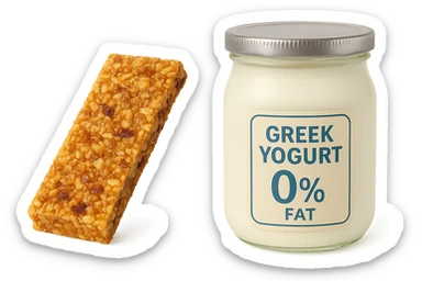 BARRETTA ENERGETICA E BARATTOLO DI YOGURT GRECO CON  LA SCRITTA "0% grassi" SULL'ETICHETTA  , ISOLATA SU SFONDO BIANCO sticker