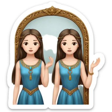 Woman facing ancient mirror, reflection slightly delayed and darker sticker