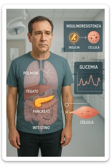 a middle-aged man stands in a clinical setting, with a semi-transparent overlay showing his internal organs. His pancreas is highlighted, and glowing lines or icons indicate disrupted insulin signaling between the pancreas and muscle or fat cells. The man’s expression is slightly concerned, and a digital chart beside him displays fluctuating blood sugar levels. The lighting is realistic, with a clean, modern medical background. scritte in italiano sticker
