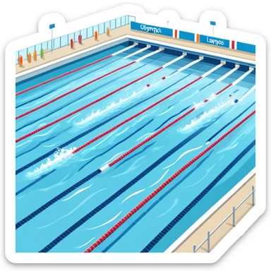 An icon featuring an Olympic swimming pool with multiple lanes and swimmers racing side by side. Splashes and lane dividers highlight the competition atmosphere. Transparent background emphasizes the energy, speed, and intensity of professional swimming events. sticker