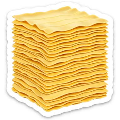 stack of uncooked lasagna sheets with wavy edges, flat rectangular shapes, soft matte yellow color, dry surface, slightly flour-dusted, neatly layered with gentle irregularity, no plate, no sauce, no extras, apple emoji style, soft lighting, subtle shadows, transparent background, emoji scale sticker