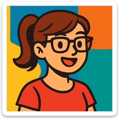 a woman with chestnut hair tied in a ponytail and black frame glasses, vibrant cartoon style sticker