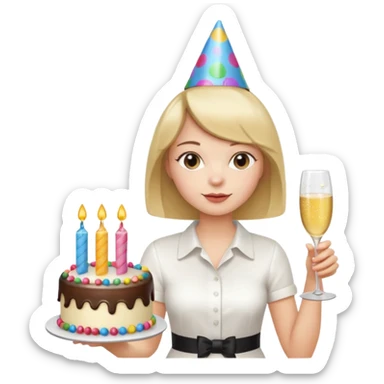 una festa di compleanno con una camicia bianca UNA ragazza con il caschetto e una torta e un cappellino  sticker