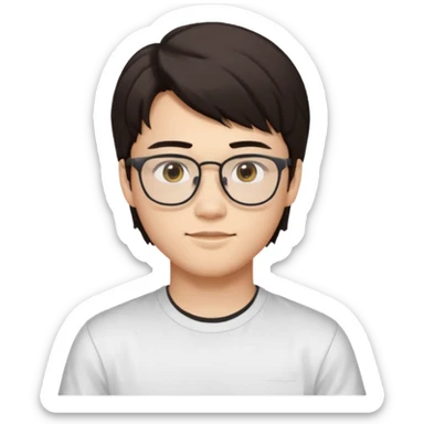 iOS-style emoji
Young man, about 18 years old, with slightly masculine features.
 Slightly Asian eyes, light skin tone, friendly and expressive face.
Accessories and details: Glasses, very dark brown hair, mullet style (short, structured).
Background and clothes: White background and white t-shirt. sticker