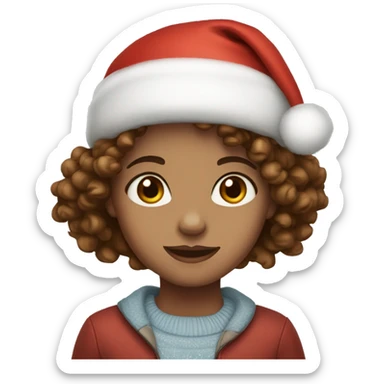Girl with Light skin blue eyes and Curly brown hair wearing Christmas hat sticker