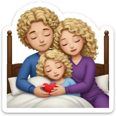 cuddling in bed, asleep. wavy haired blonde girl. curly haired dark brown hair man. eyes closed. heart between them. no headboard sticker