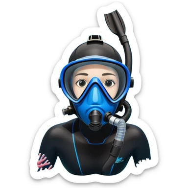 An icon featuring a close-up of a freediving mask and snorkel, with a breath-holding diver's fins, set against a vibrant underwater world. The design includes coral reefs, fish, and bubbles, symbolizing the serene beauty and thrill of freediving. Transparent background highlights the calm sticker