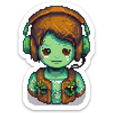 Minecraft support emoji, pixel art style, blocky, with a headset, green and brown colors, inspired by Minecraft game sticker