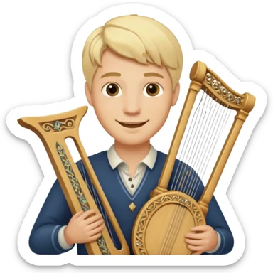 Man with long blonde hair smiling  holding a lyre sticker