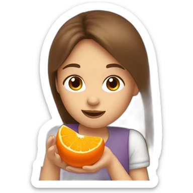A girl with very long brown hair eating a tangerine sticker
