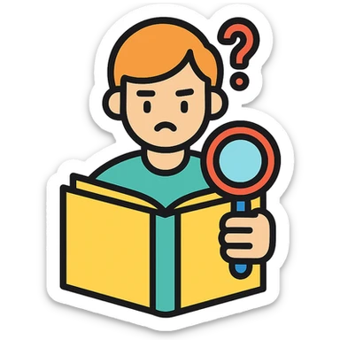 a person reading a book with a magnifying glass, looking confused but determined, colorful icon style sticker