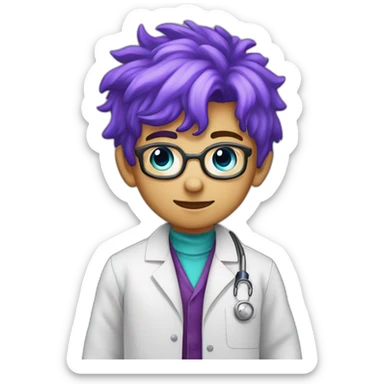 A young boy with a lab coat and a blue shirt underneath with purple hair in the style of the mad scientist sticker