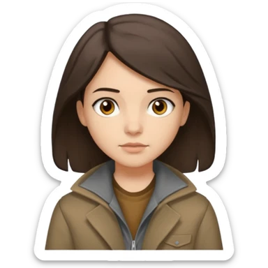 Hobo tomboy with shoulder-length dark brown hair that is parted in the middle. brown eyes, dark dull brown coat, grey shirt. sticker