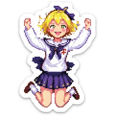 Pixel art anime girl with short bright yellow hair wearing Japanese sailor style school uniform, jumping excitedly with arms raised high, big smile and sparkling happy eyes sticker
