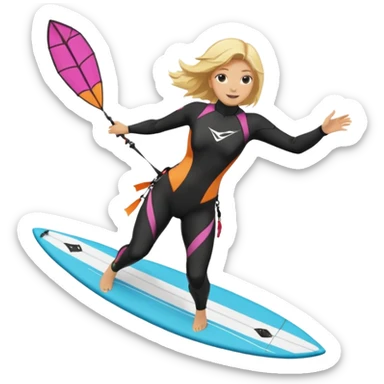 Kitesurfing blond ladie showing kite and board sticker