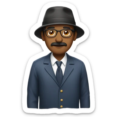 Brown skinned man with backwards hat with glasses and a scraggly mustache sticker