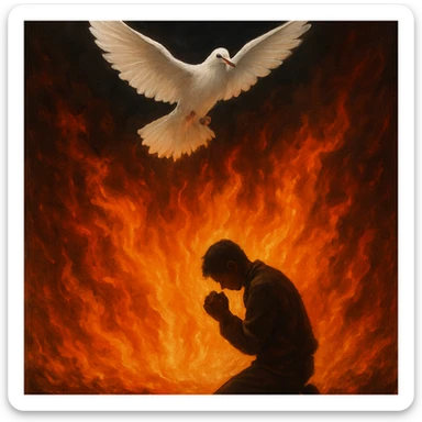 a white dove flying above flames, a person kneeling in prayer below sticker