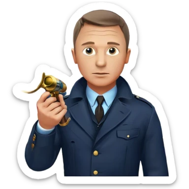 Icon for Detective Movies: A colorful collage featuring Daniel Craig as an inspector, with a magnifying glass, revolver and a mysterious city backdrop. Include a board with photos of suspects, fingerprints, and a crime scene. Retro movie poster style. Transparent background. sticker