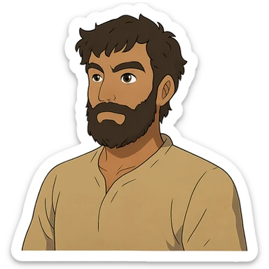 A Tajik man with medium to tall height, well-defined features, slightly curved nose, dark-brown eyes, thick eyebrows meeting above the nose, slightly wavy hair, rich brown skin, and a fuller beard sticker