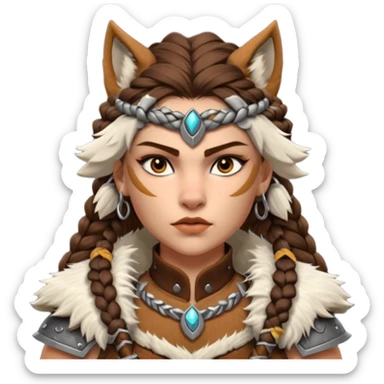 barbarian woman wolf rider portrait, head and shoulders only, fierce female warrior, fur-lined barbarian armor collar, wolf fur details, wild braided hair, intense eyes, tribal warrior vibe, fantasy style, 3D cartoon, mobile game icon style, clean background, no text, no watermark
 sticker