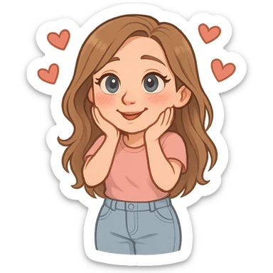 3D cartoon sticker of a 30-year-old woman with long light brown hair below shoulder blades, fair skin, large expressive blue eyes, slight bump on nose, wearing a pastel pink t-shirt and light blue mom jeans, in love expression with hearts around head, DreamWorks style, soft light, white sticker outline sticker