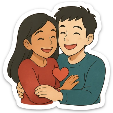 An emoji of a happy couple, the woman has long black hair and a light brown skin tone, while the man has short black hair and a white skin tone. They are in a romantic pose, expressing love and joy with warm facial expressions and affectionate gestures. sticker