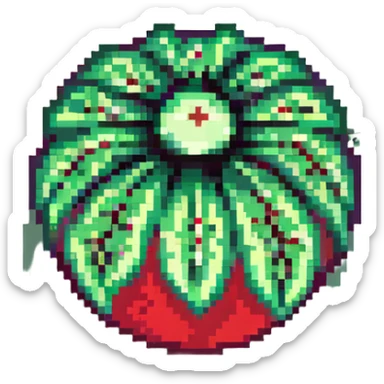 Green digital bomb animation frame 2, round bomb body with green highlights, shorter leaf-shaped fuse at top, small green glow, nature-inspired design, pixel art style sticker