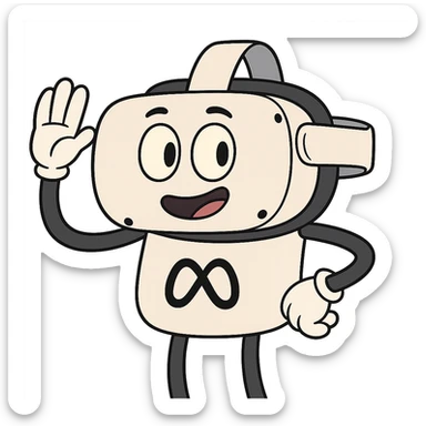 cartoon style illustration of the Meta Quest 2 VR headset, simple and recognizable, white with black accents, playful and friendly look sticker