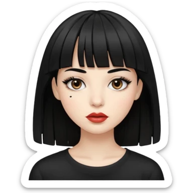 a girl with fair skin and black hair. she has bangs that reach her eyebrows. her eyebrows are thin and black. her eyes are gray. her lips are full and she wears light brown lipstick. sticker