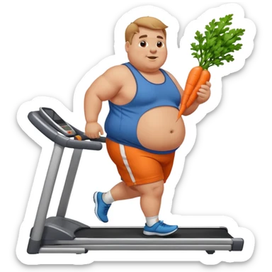 fat man on treadmill with carrot sticker