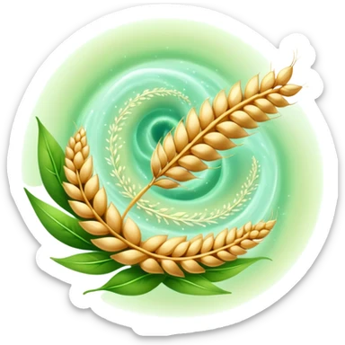 Golden wheat ear floating next to green leaves, surrounding an ethereal digestive system in a spiral form. Small cleansing sparkles flow like a river of light, clearing paths and creating internal lightness. The scene shows fiber's cleansing effect on the digestive tract. sticker