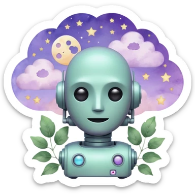 watercolor-style emoji of a robot head silhouette with “AI” inside a lilac cloud, connected to a soft circuit shape. gentle pastel palette (sage green, blush, lilac), surrounded by leaves, moon, and stars — poetic and calm aesthetic. sticker