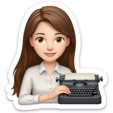 smiling white long brunette hair girl with hazel eyes typing on a typewriter sticker