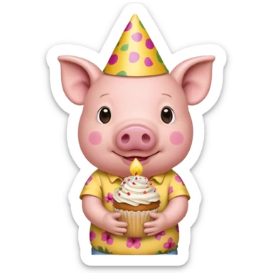 Pig with  yellow aloha shirt, birthday hat, holding a cupcake sticker