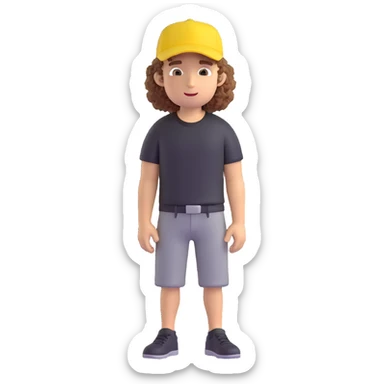 create a character, cute guy, curly, in a black t-shirt and a yellow cap, in 3d sticker