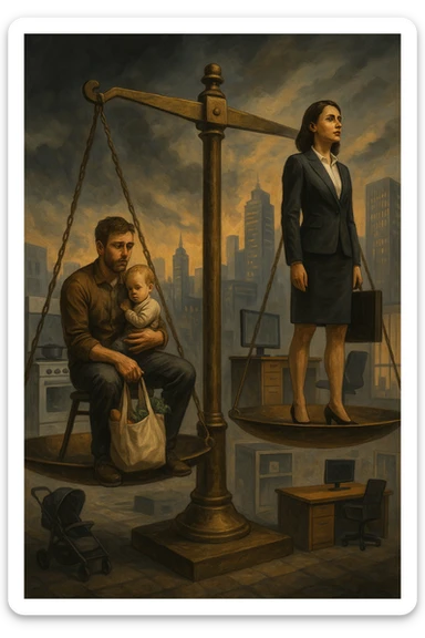 Scena metaforica: una bilancia sociale sbilanciata, con un uomo seduto da un lato con un bambino in braccio e una borsa della spesa, mentre una donna in carriera in abiti formali guarda lontano con espressione determinata. Intorno a loro, simboli confusi dei ruoli tradizionali (fornello, scrivania, passeggino, ufficio). Sullo sfondo, una città moderna e caotica. L’atmosfera è riflessiva, non giudicante. Luci contrastate, come a simboleggiare tensione culturale. in italiano sticker