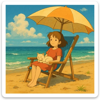 girl and her cat on the beach, sitting in a chair under the sun, ghibli style sticker