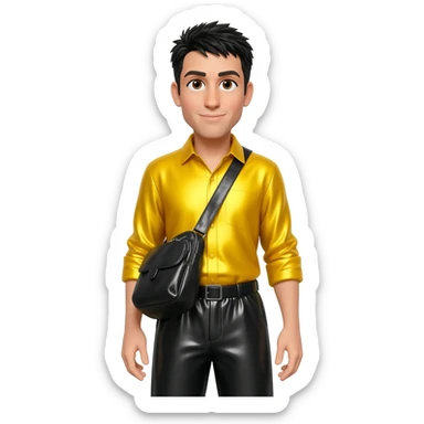 Greg Page from The Wiggles with hazel eyes, black hair, yellow metallic shirt, black metallic baggy pants sticker