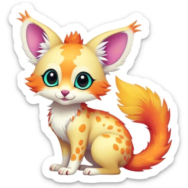Feral Rare Fantasy vibrant colorful tropical cute, kawaii, cool, ed Vernid-Trico-species by LiLaiRa, random markings, tufted tail, tufted ears, full body, cheek markings sticker
