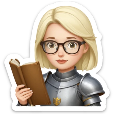 Female knight reading scroll, wearing glasses — curious expression. sticker