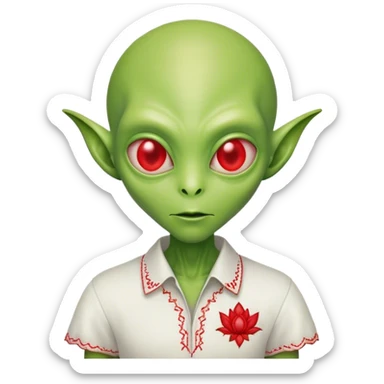 Green alien in Shirt 👚 vyshyvanka, white with red embodiary on sleeved sticker