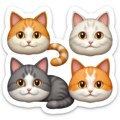 4 different coloured short haired cats including; a dark brown t and white cat, and a dark grey and white  sticker
