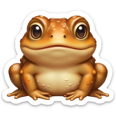 Cinematic Cute Toad Portrait Emoji, Head tilted playfully and inquisitively, featuring a charmingly plump form with bumpy, textured skin in rich earthy hues and round, sparkling eyes full of gentle mischief, Simplified yet irresistibly adorable features, highly detailed, glowing with a warm, friendly woodland glow, high shine, affectionate and lively, stylized with a touch of whimsical nature charm, soft glowing outline, capturing the essence of a mischievous yet loving toad that seems as if it could hop out of the screen into your arms! sticker