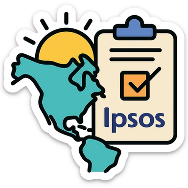 stylized map of North America with sun rising behind it and a document or clipboard, representing summer internship at Ipsos sticker