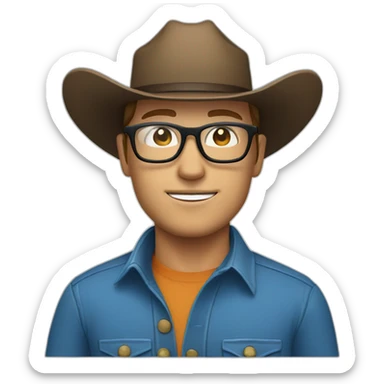 white man with cowboy hat and blue shirt and glasses sticker