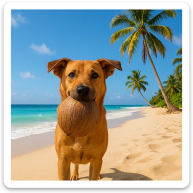 A dog holding a coconut sticker
